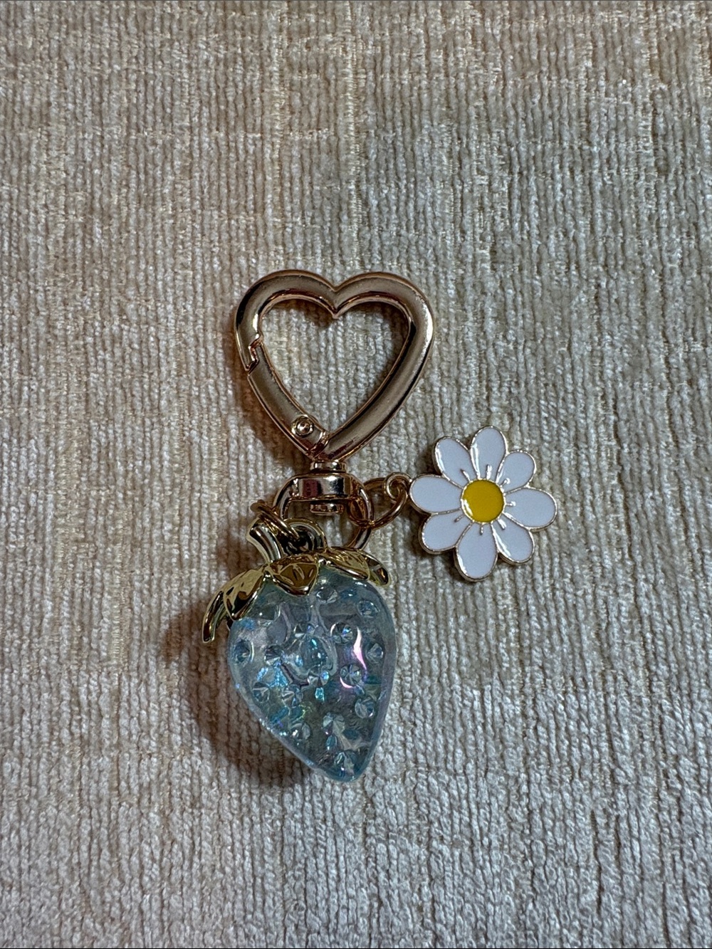 Gold Heart Keychain with Iridescent Blue Strawberry and Daisy Charm